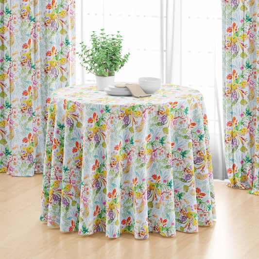 Round Tablecloth in Kowtow Multi-Color Bright Abstract Watercolor- Blue, Green, Yellow, Pink