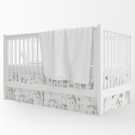 Tailored Crib Skirt in Let It Crane Aegean Blue Oriental Toile, Multicolor Chinoiserie