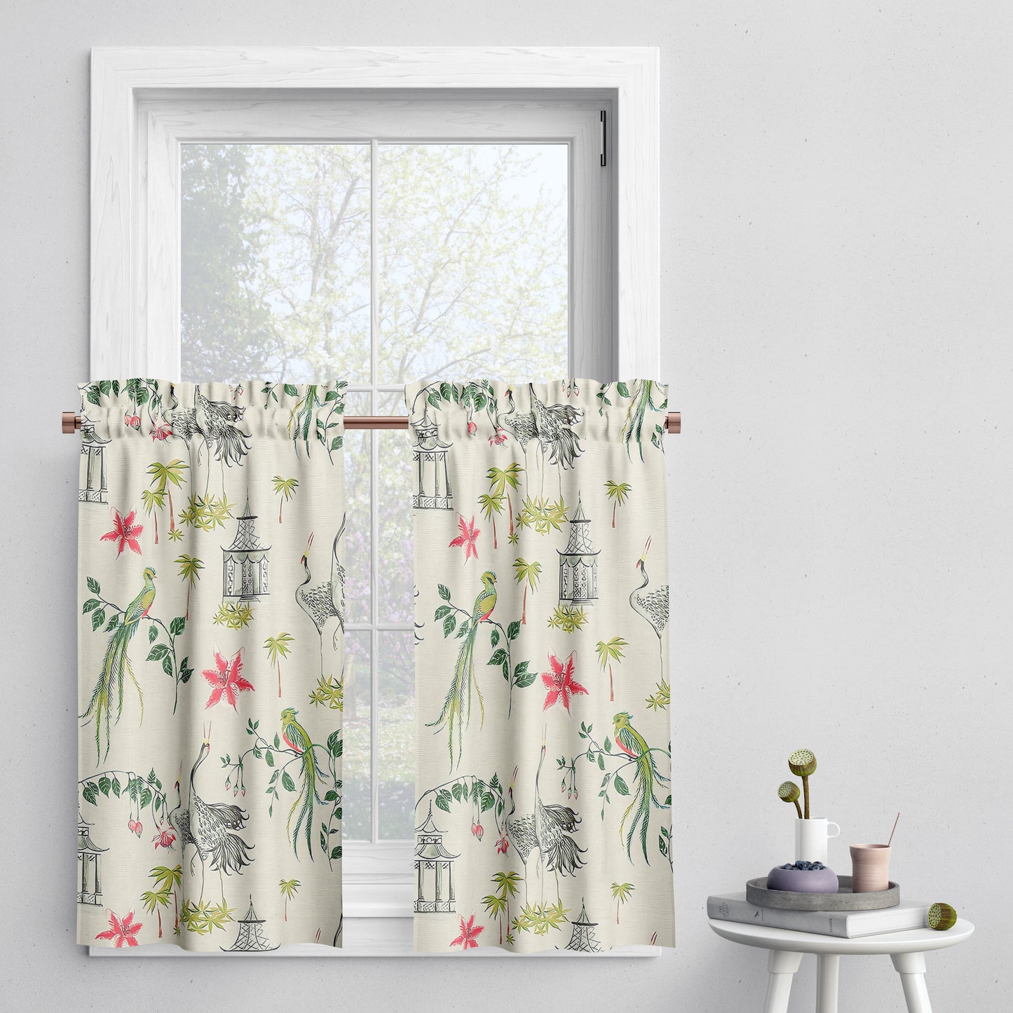 Tailored Tier Cafe Curtain Panels Pair in Let It Crane Avocado Oriental Toile, Multicolor Chinoiserie