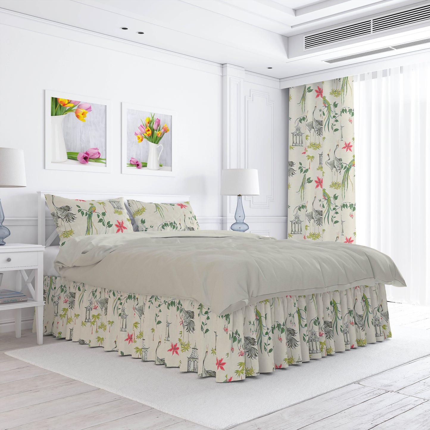Gathered Bedskirt in Let It Crane Avocado Oriental Toile, Multicolor Chinoiserie