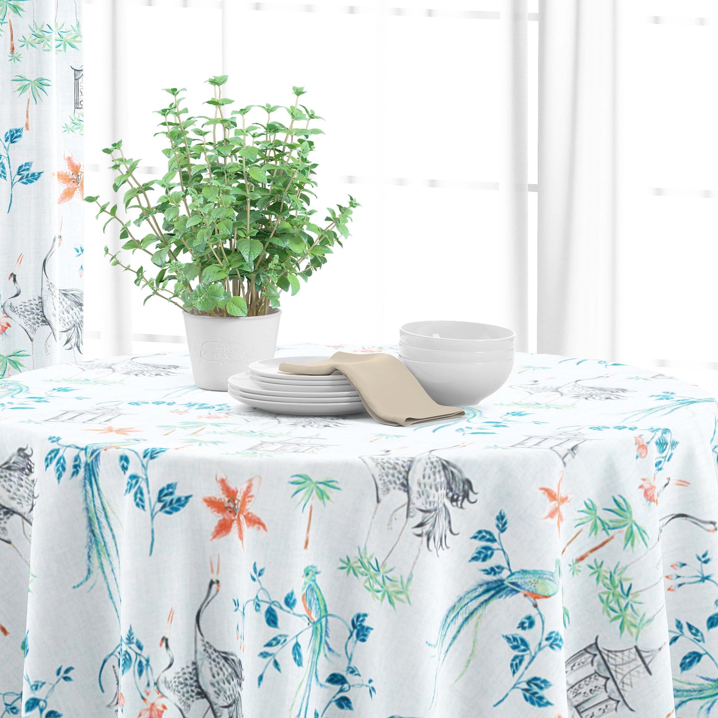 Round Tablecloth in Let It Crane Coral Oriental Toile, Multicolor Chinoiserie