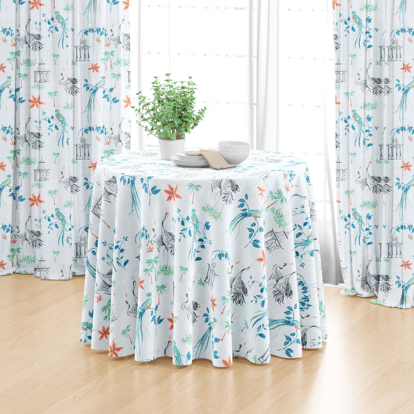 Round Tablecloth in Let It Crane Coral Oriental Toile, Multicolor Chinoiserie