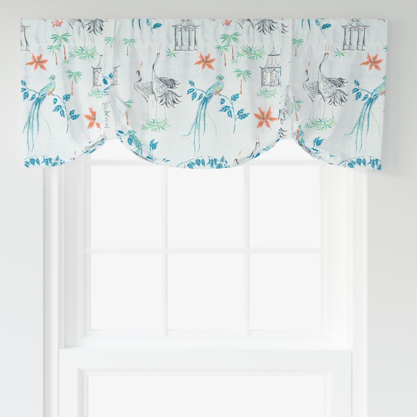 Tie-up Valance in Let It Crane Coral Oriental Toile, Multicolor Chinoiserie