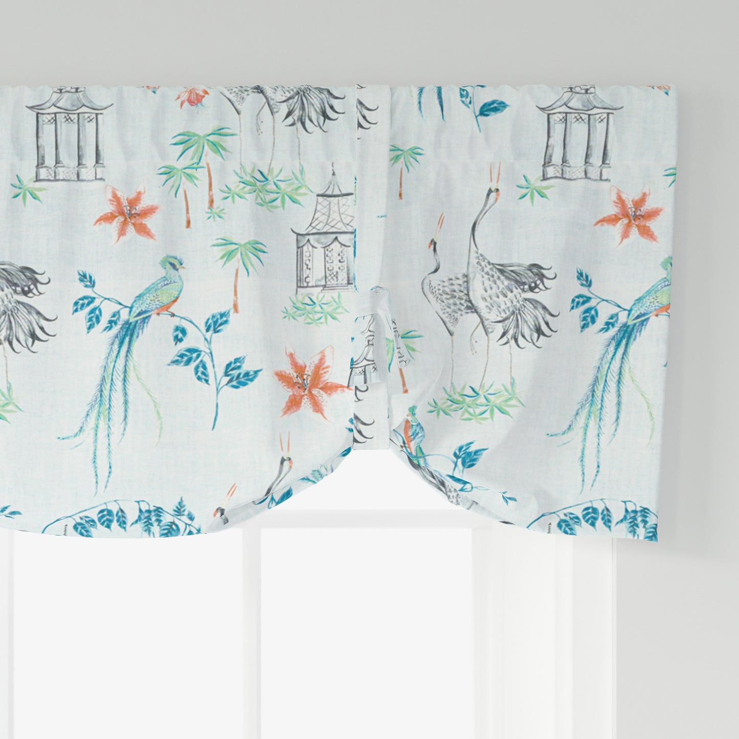Tie-up Valance in Let It Crane Coral Oriental Toile, Multicolor Chinoiserie