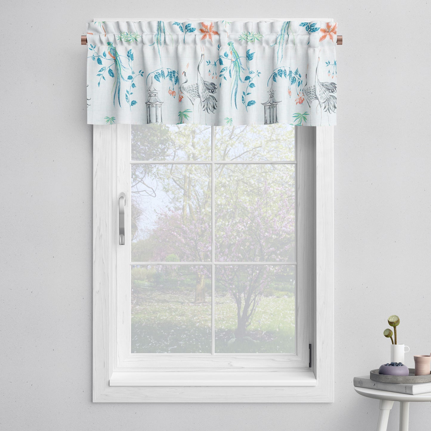 Tailored Valance in Let It Crane Coral Oriental Toile, Multicolor Chinoiserie
