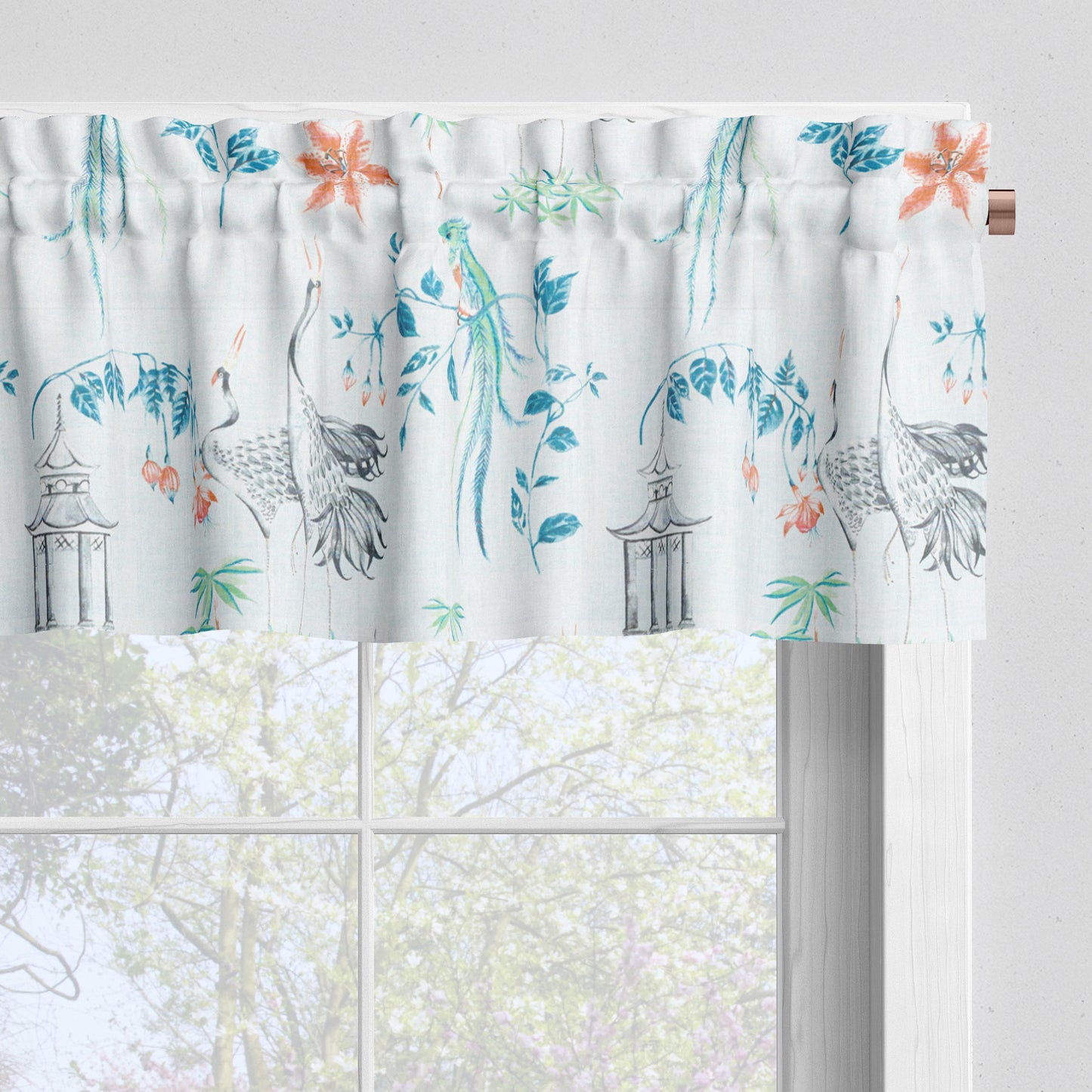 Tailored Valance in Let It Crane Coral Oriental Toile, Multicolor Chinoiserie