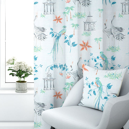 Back Tab Curtain Panels Pair in Let It Crane Coral Oriental Toile, Multicolor Chinoiserie