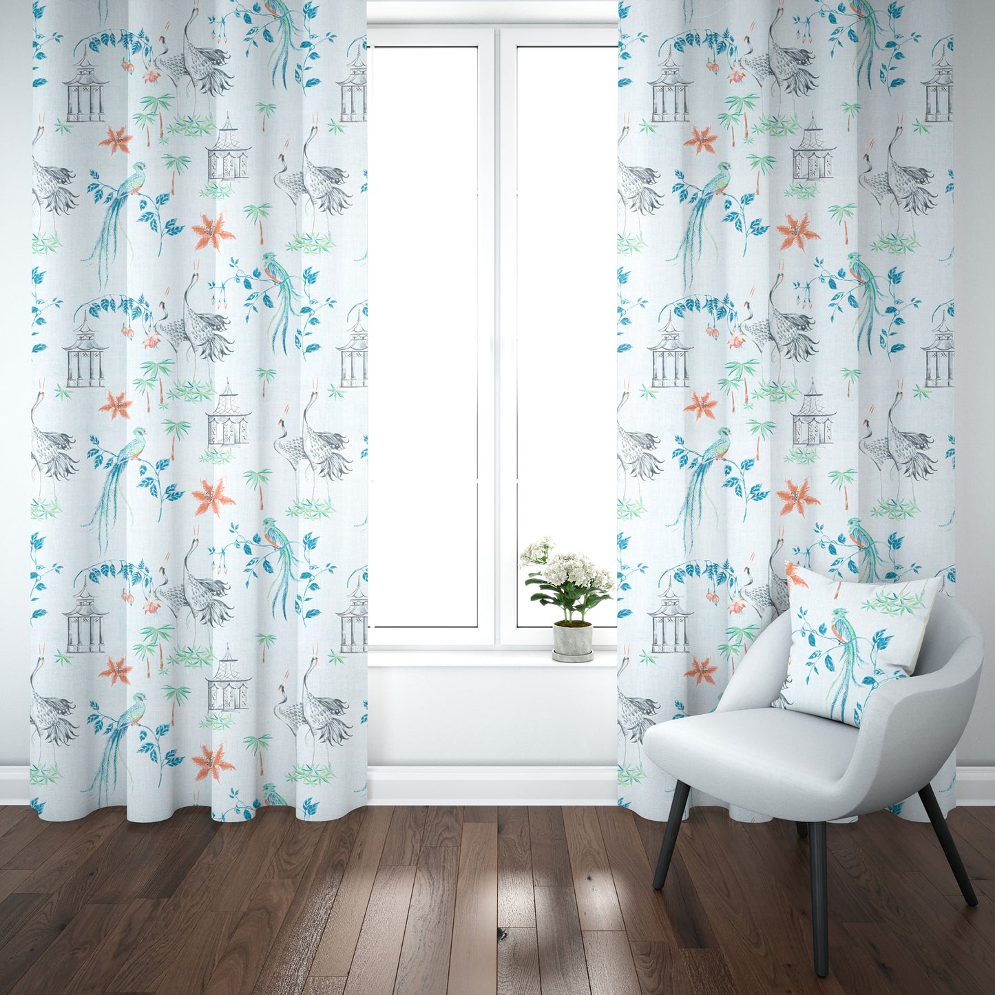 Tab Top Curtain Panels Pair in Let It Crane Coral Oriental Toile, Multicolor Chinoiserie