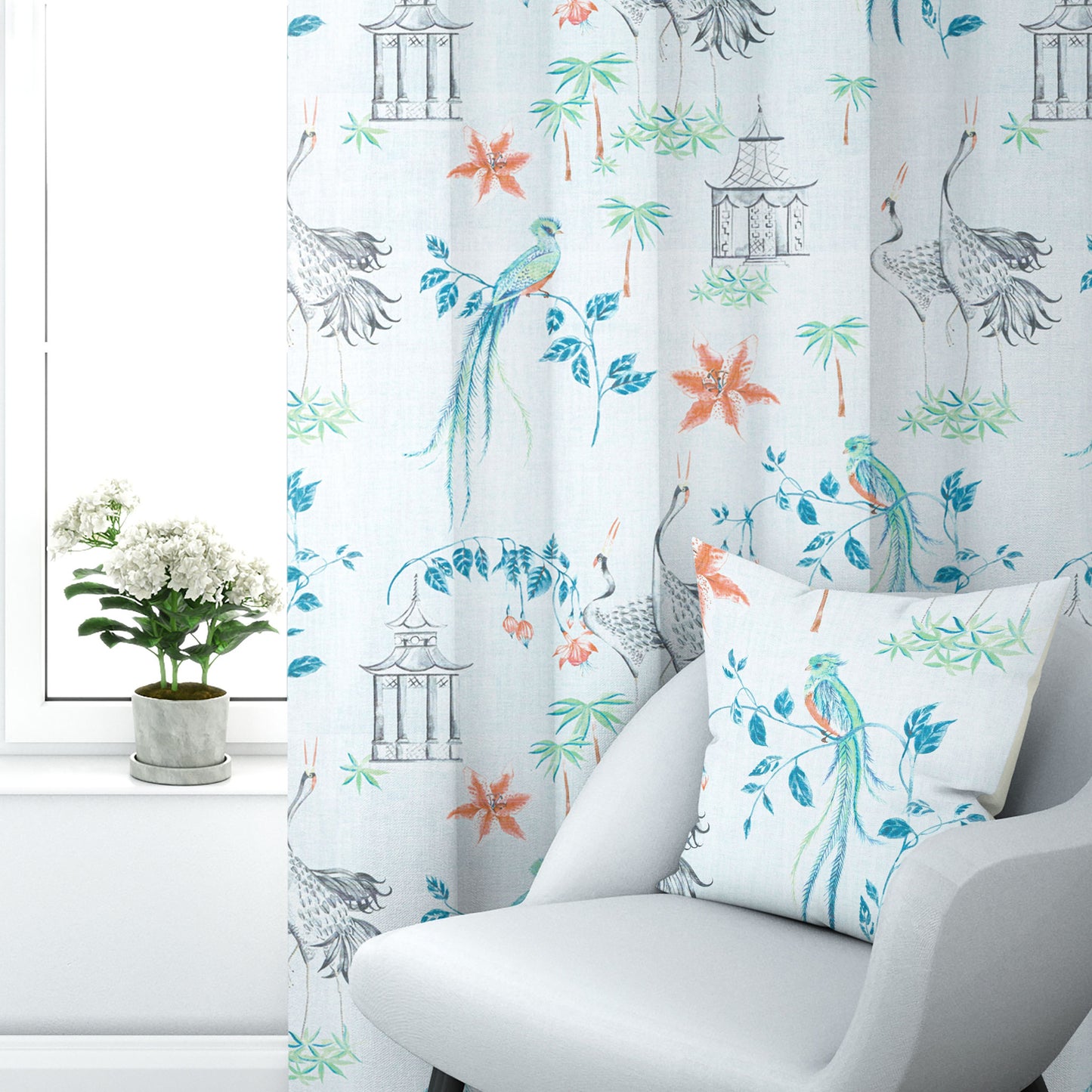 Tab Top Curtain Panels Pair in Let It Crane Coral Oriental Toile, Multicolor Chinoiserie