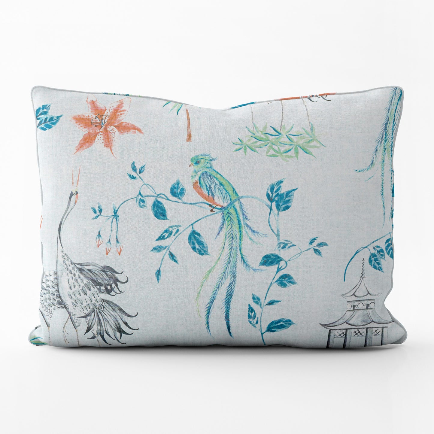 Decorative Pillows in Let It Crane Coral Oriental Toile, Multicolor Chinoiserie