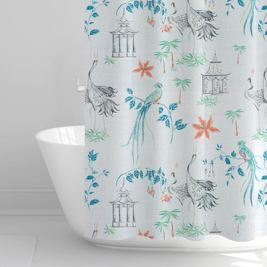 Stall (Narrow) Shower Curtain in Let It Crane Coral Oriental Toile, Multicolor Chinoiserie