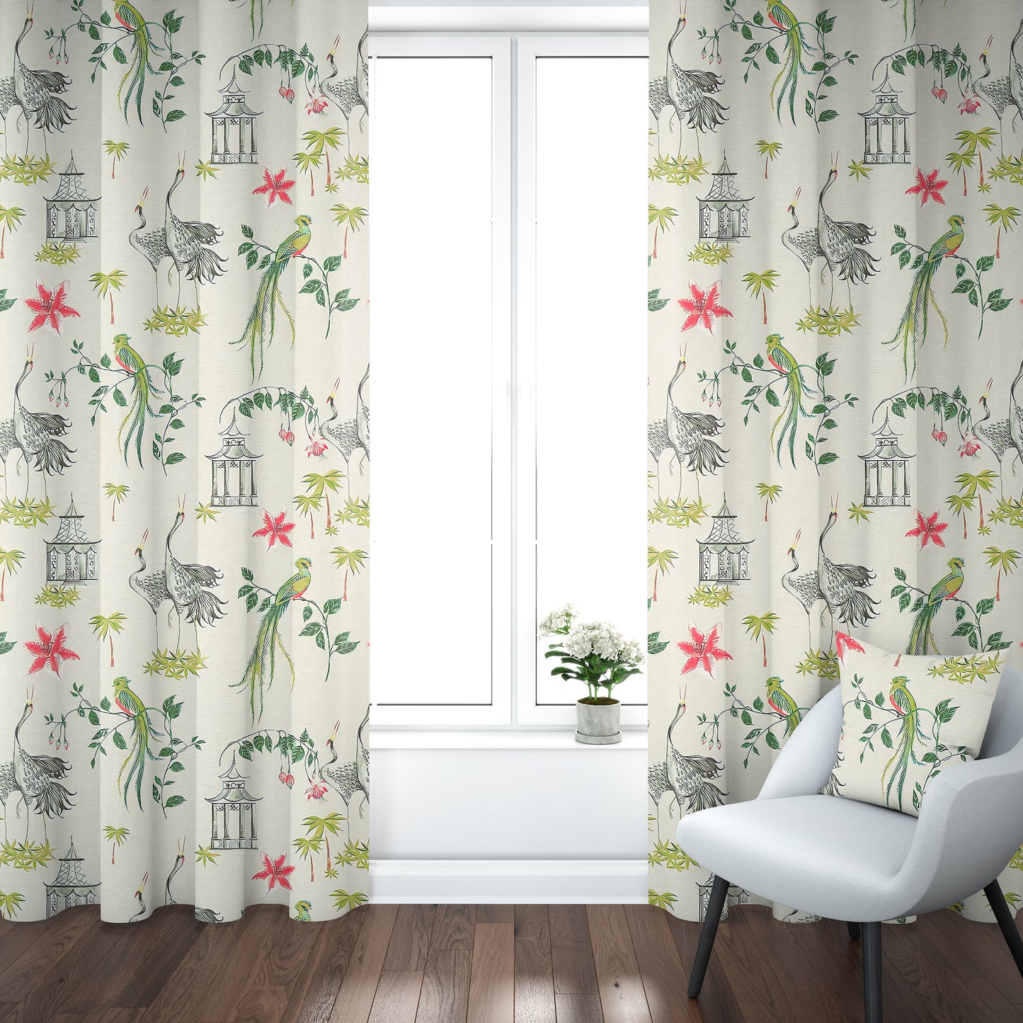 Tab Top Curtain Panels Pair in Let It Crane Avocado Oriental Toile, Multicolor Chinoiserie