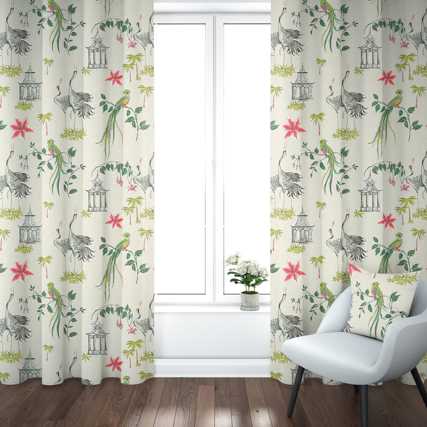 Back Tab Curtain Panels Pair in Let It Crane Avocado Oriental Toile, Multicolor Chinoiserie