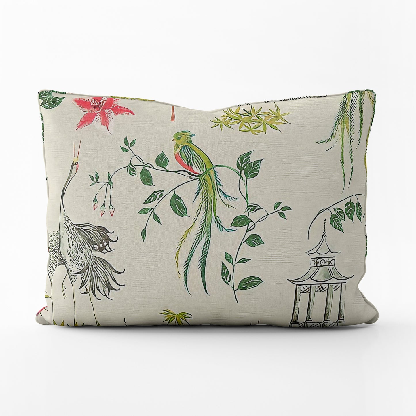 Decorative Pillows in Let It Crane Avocado Oriental Toile, Multicolor Chinoiserie