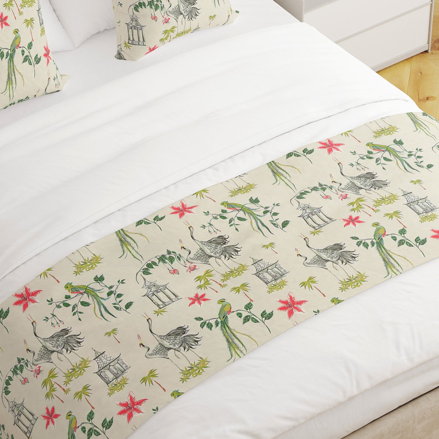 Bed Runner in Let It Crane Avocado Oriental Toile, Multicolor Chinoiserie