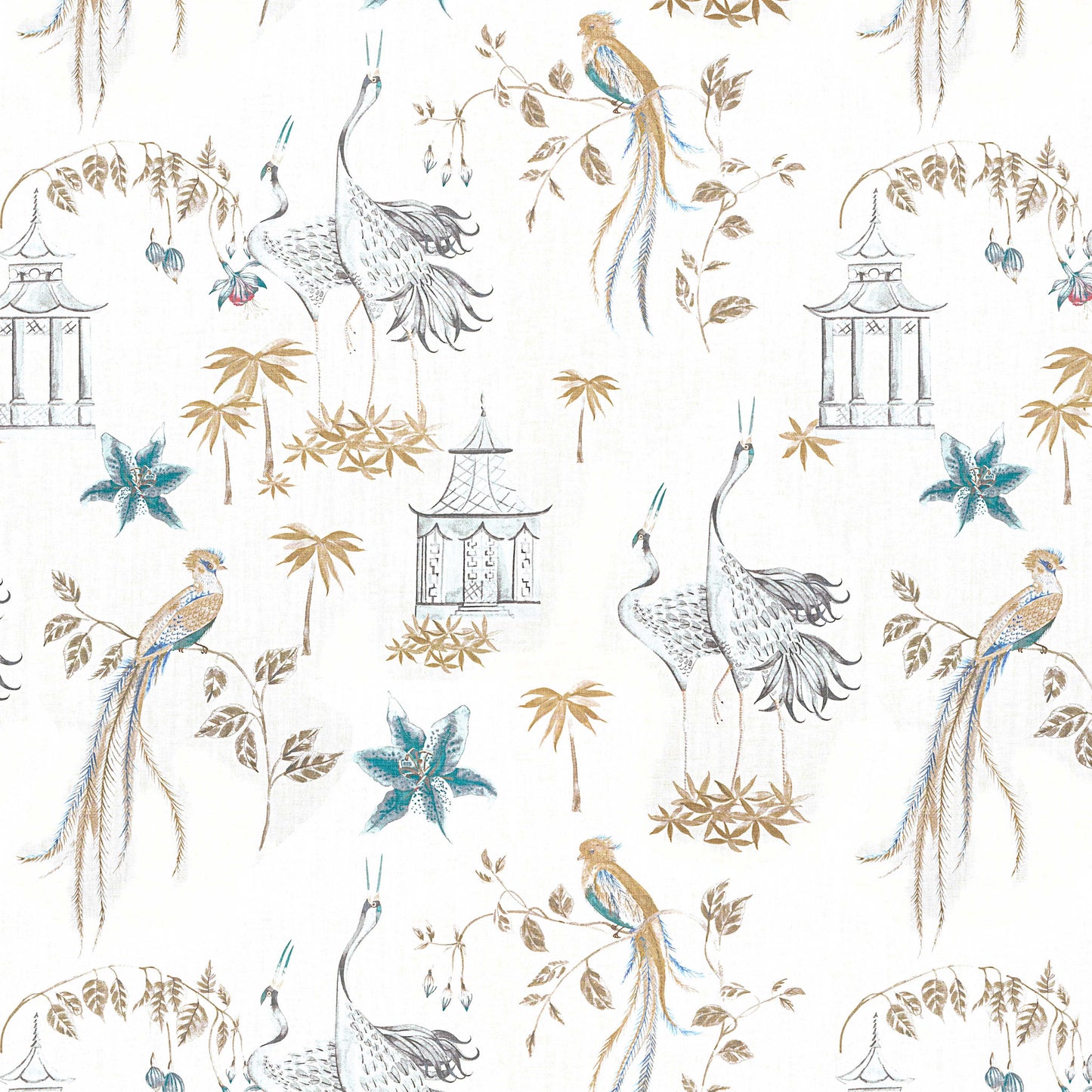 Tailored Tier Cafe Curtain Panels Pair in Let It Crane Aegean Blue Oriental Toile, Multicolor Chinoiserie