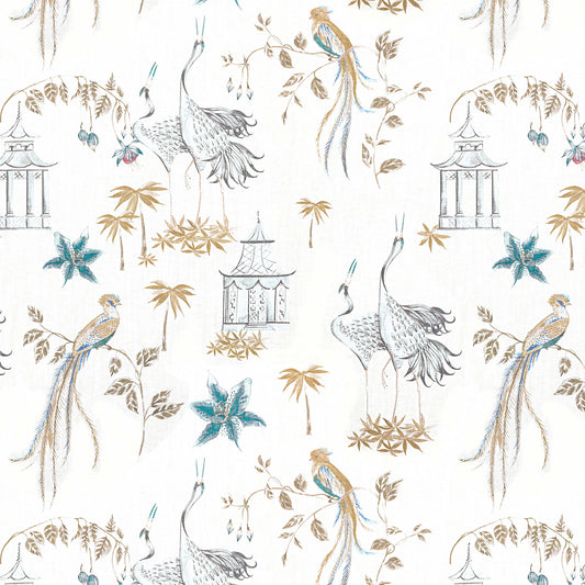 Empress Swag Valance in Let It Crane Aegean Blue Oriental Toile, Multicolor Chinoiserie