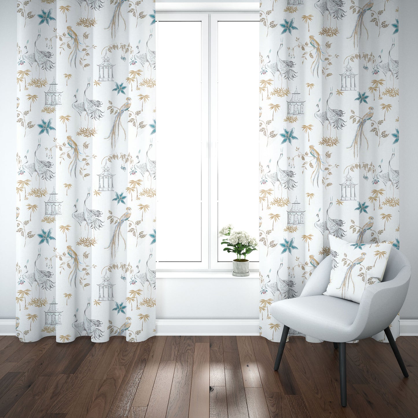 Tab Top Curtain Panels Pair in Let It Crane Aegean Blue Oriental Toile, Multicolor Chinoiserie