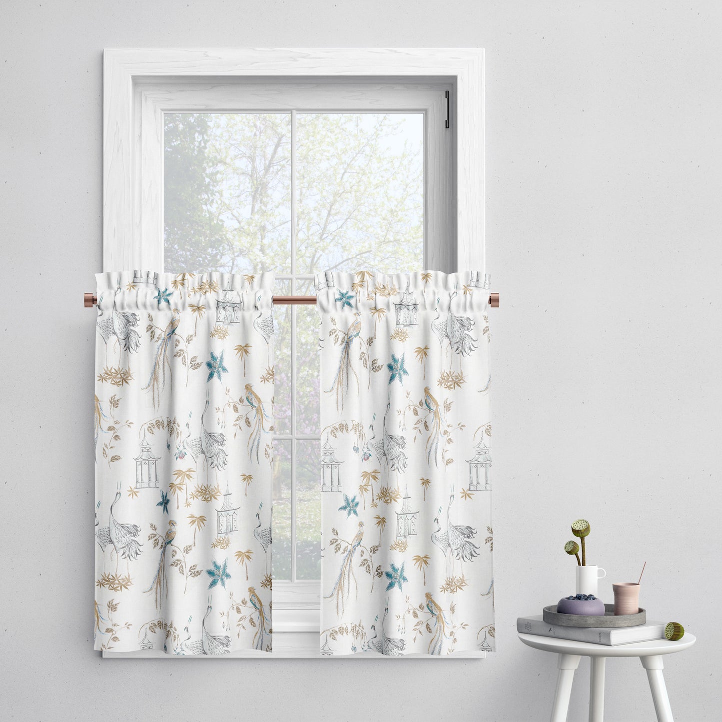 Tailored Tier Cafe Curtain Panels Pair in Let It Crane Aegean Blue Oriental Toile, Multicolor Chinoiserie