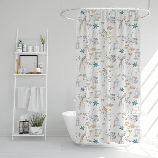 Shower Curtain in Let It Crane Aegean Blue Oriental Toile, Multicolor Chinoiserie