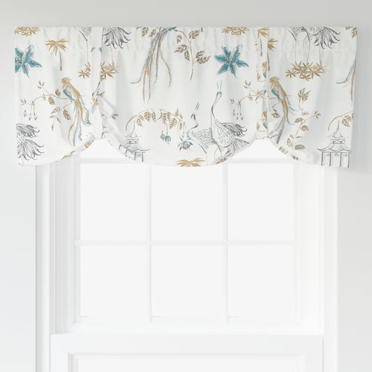 Tie-up Valance in Let It Crane Aegean Blue Oriental Toile, Multicolor Chinoiserie