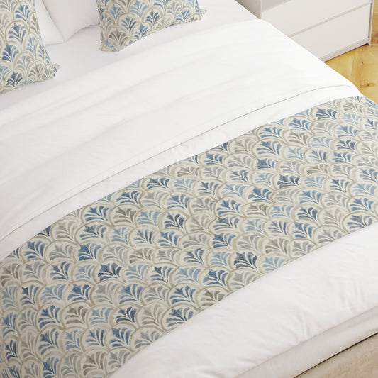 Bed Runner in Countess Delft Blue Scallop Watercolor