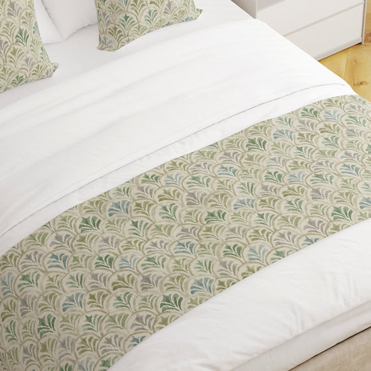 Bed Runner in Countess Bay Green Scallop Watercolor