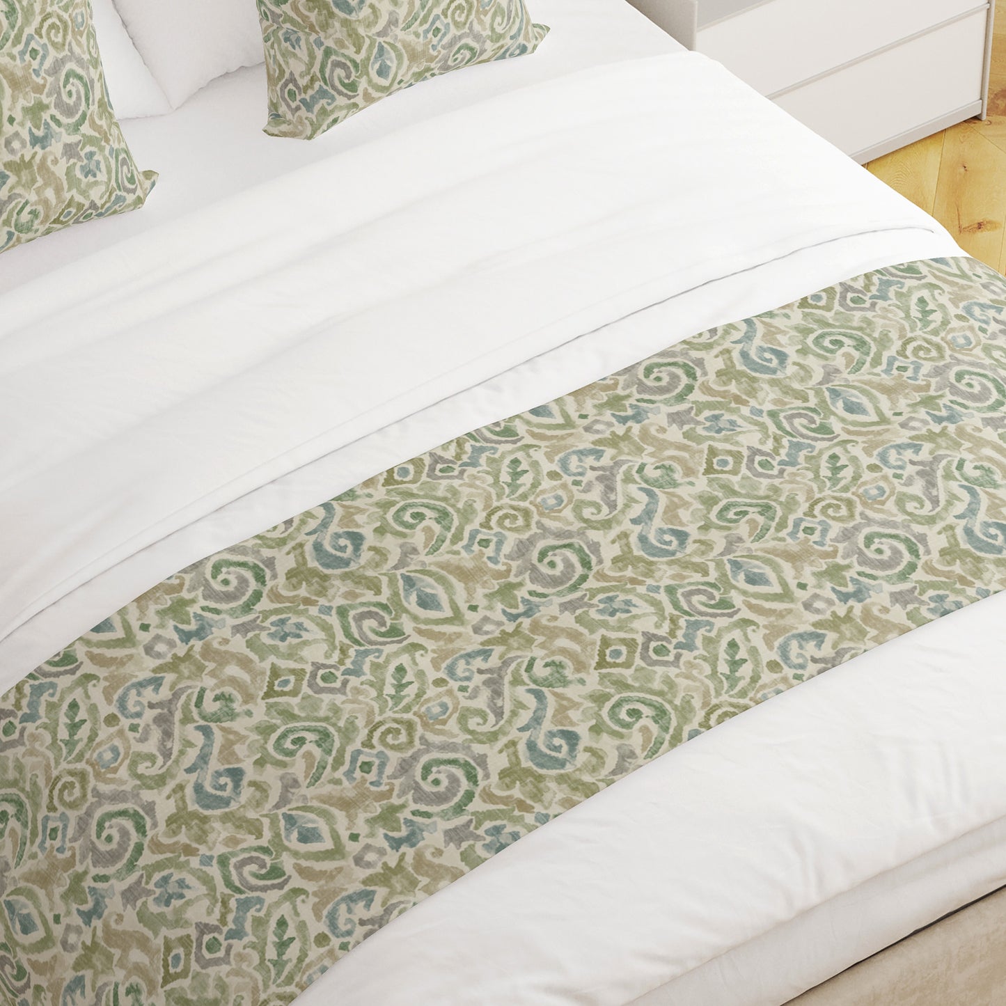 Bed Runner in Jester Bay Green Paisley Watercolor