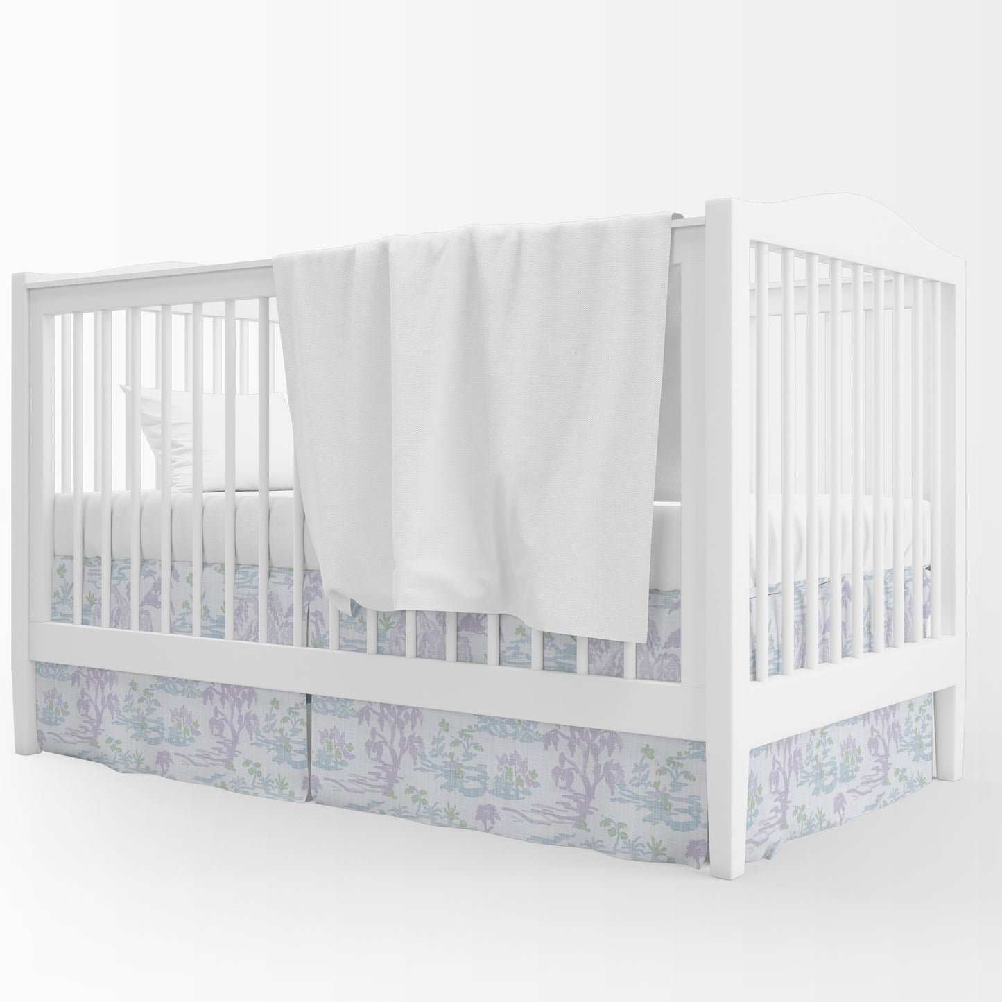 Tailored Crib Skirt in Meadow Orchid Lavender Watercolor Toile Landscape