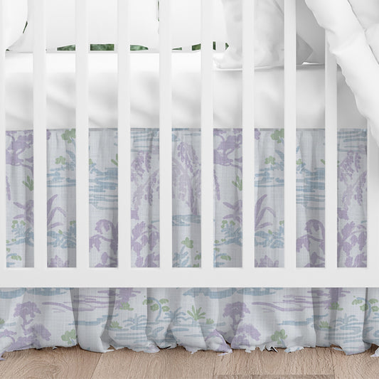 Gathered Crib Skirt in Meadow Orchid Lavender Watercolor Toile Landscape