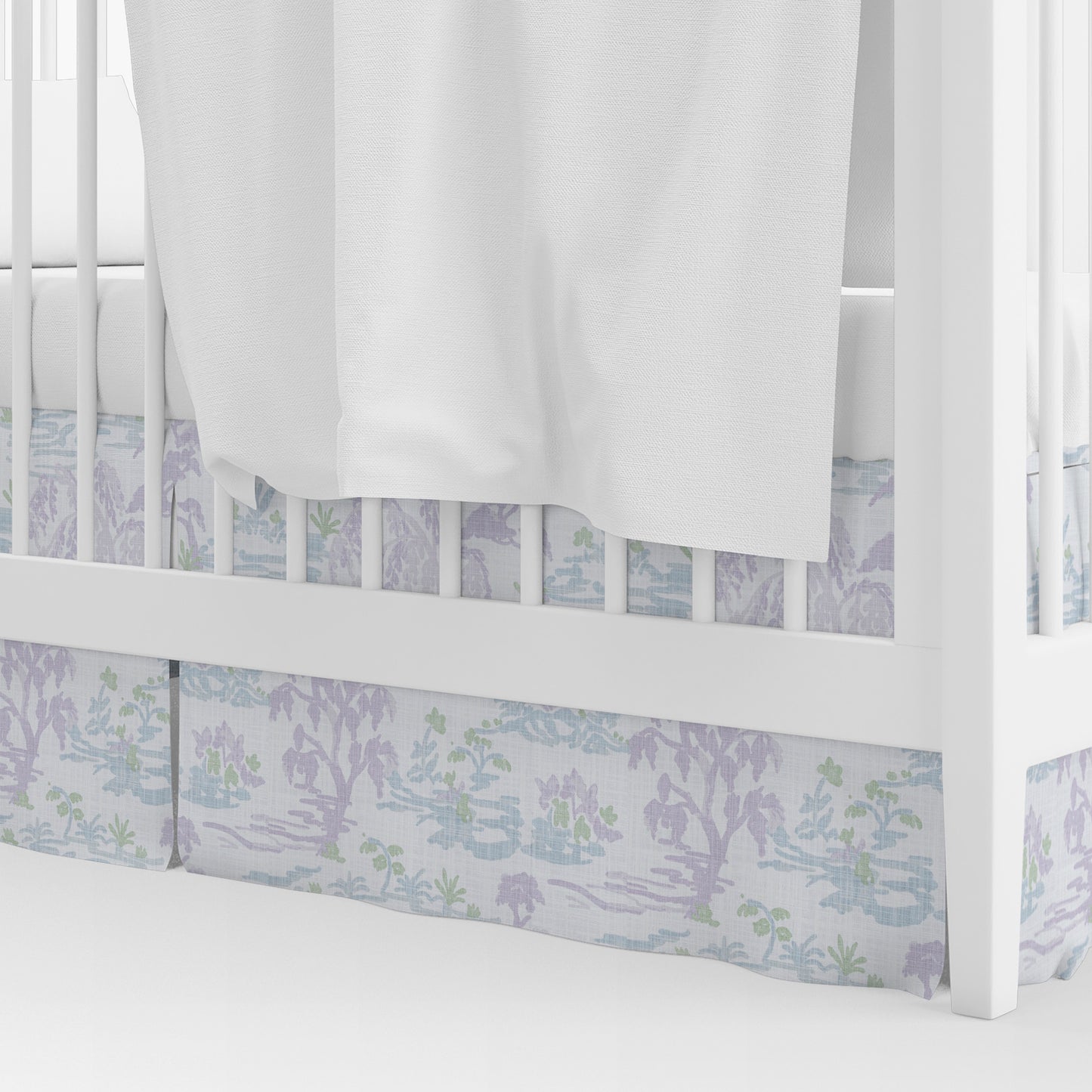 Tailored Crib Skirt in Meadow Orchid Lavender Watercolor Toile Landscape