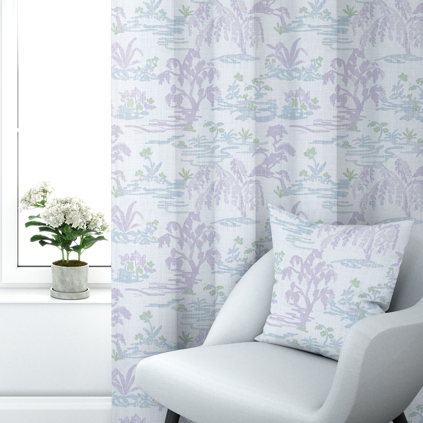 Back Tab Curtain Panels Pairs in Meadow Orchid Lavender Watercolor Toile Landscape