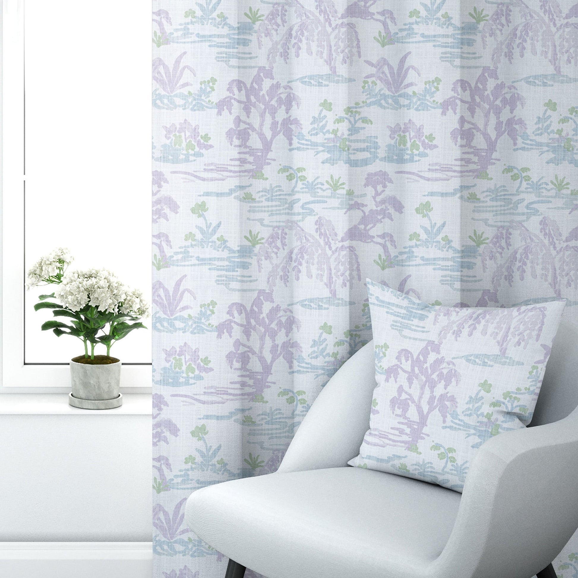 Back Tab Curtain Panels Pairs in Meadow Orchid Lavender Watercolor Toile Landscape