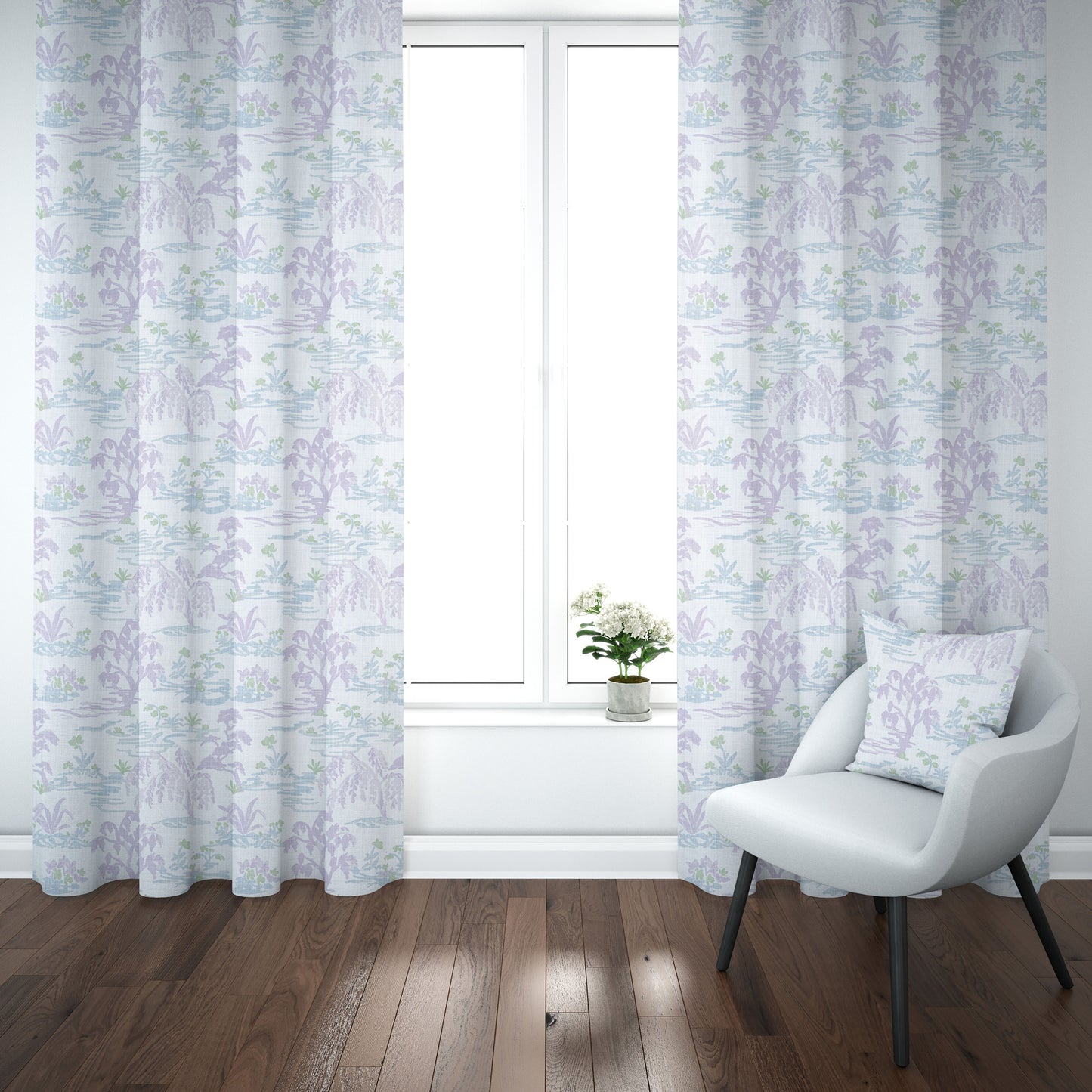 Tab Top Curtains in Meadow Orchid Lavender Watercolor Toile Landscape