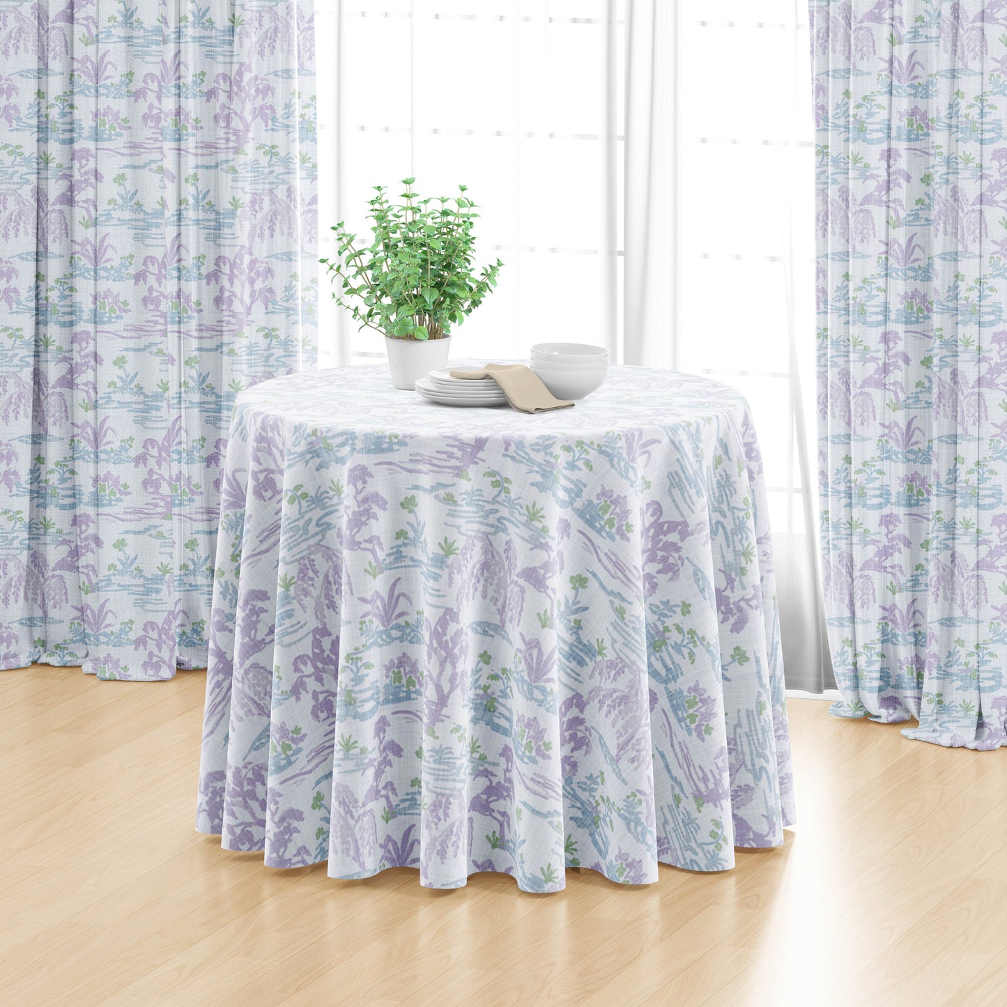 Round Tablecloth in Meadow Orchid Lavender Watercolor Toile Landscape