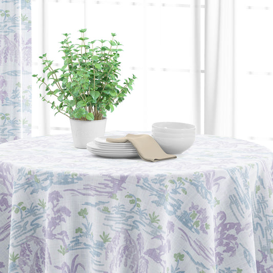 Round Tablecloth in Meadow Orchid Lavender Watercolor Toile Landscape