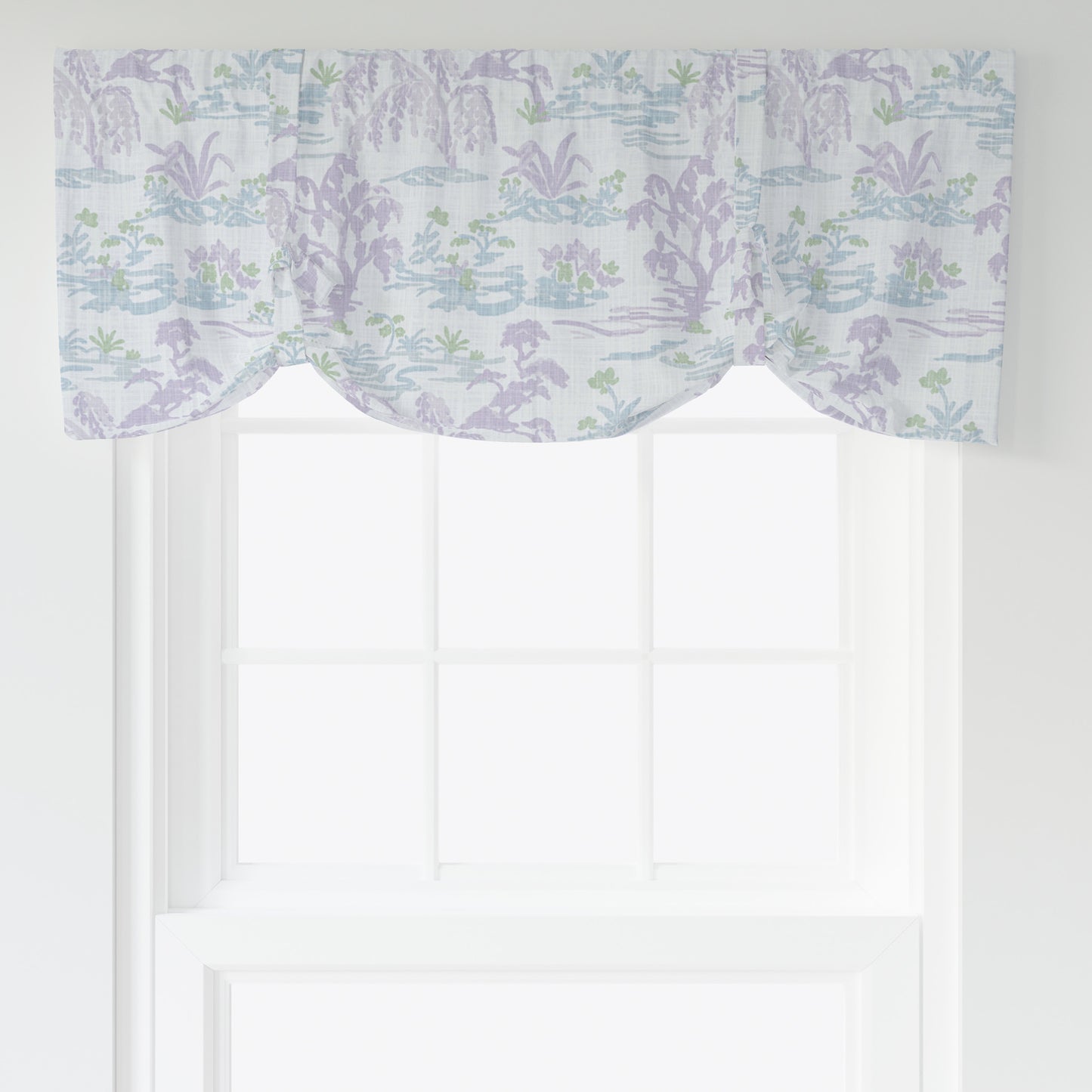 Tie-Up Valance in Meadow Orchid Lavender Watercolor Toile Landscape