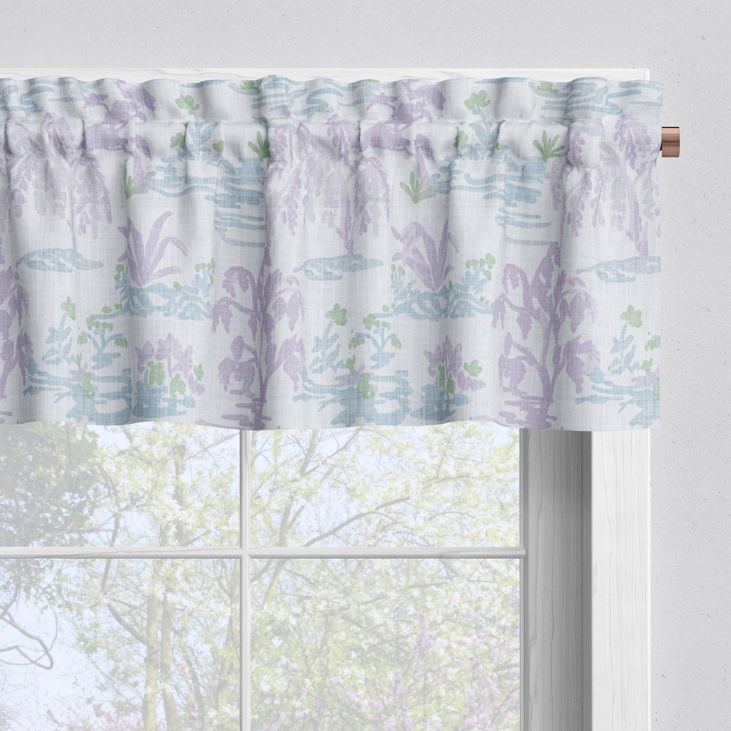 Tailored Valance in Meadow Orchid Lavender Watercolor Toile Landscape