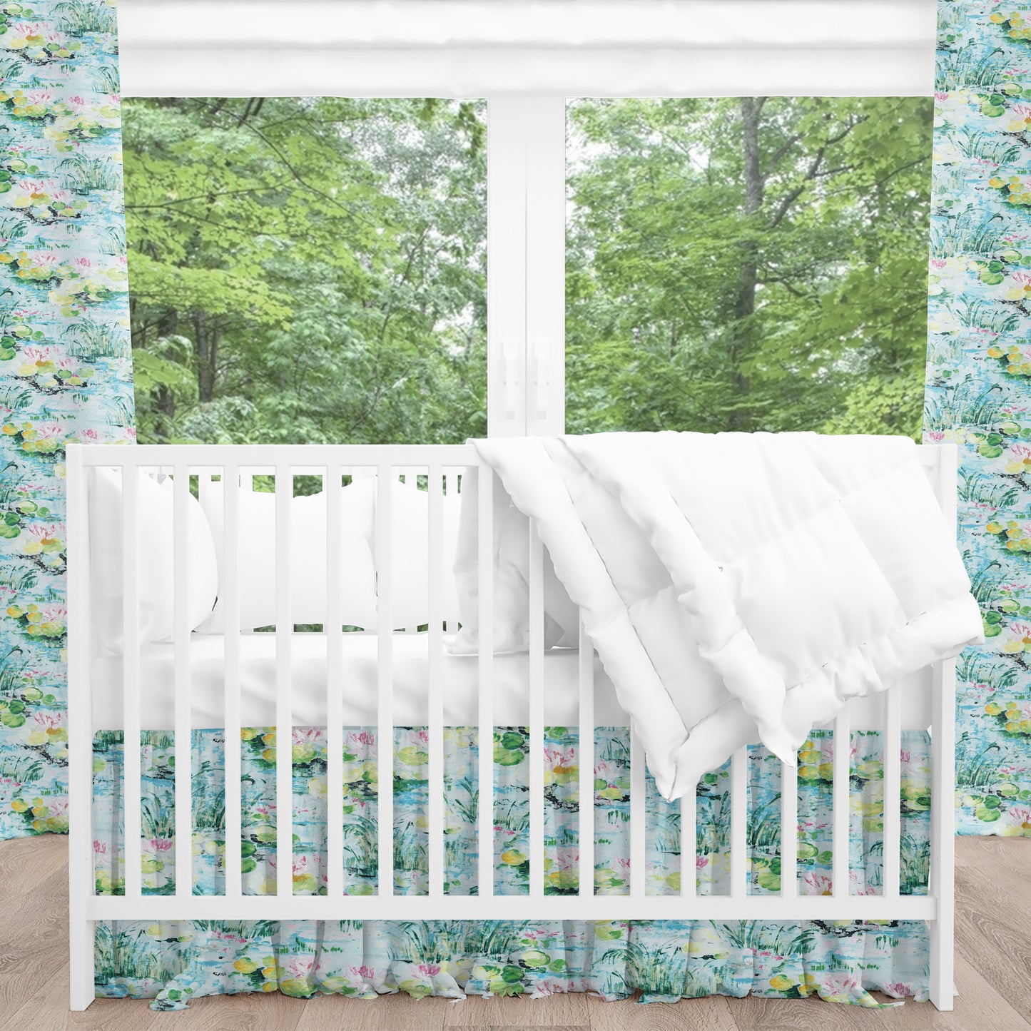 Gathered Crib Skirt in Monet Dream Blue Water Lilies