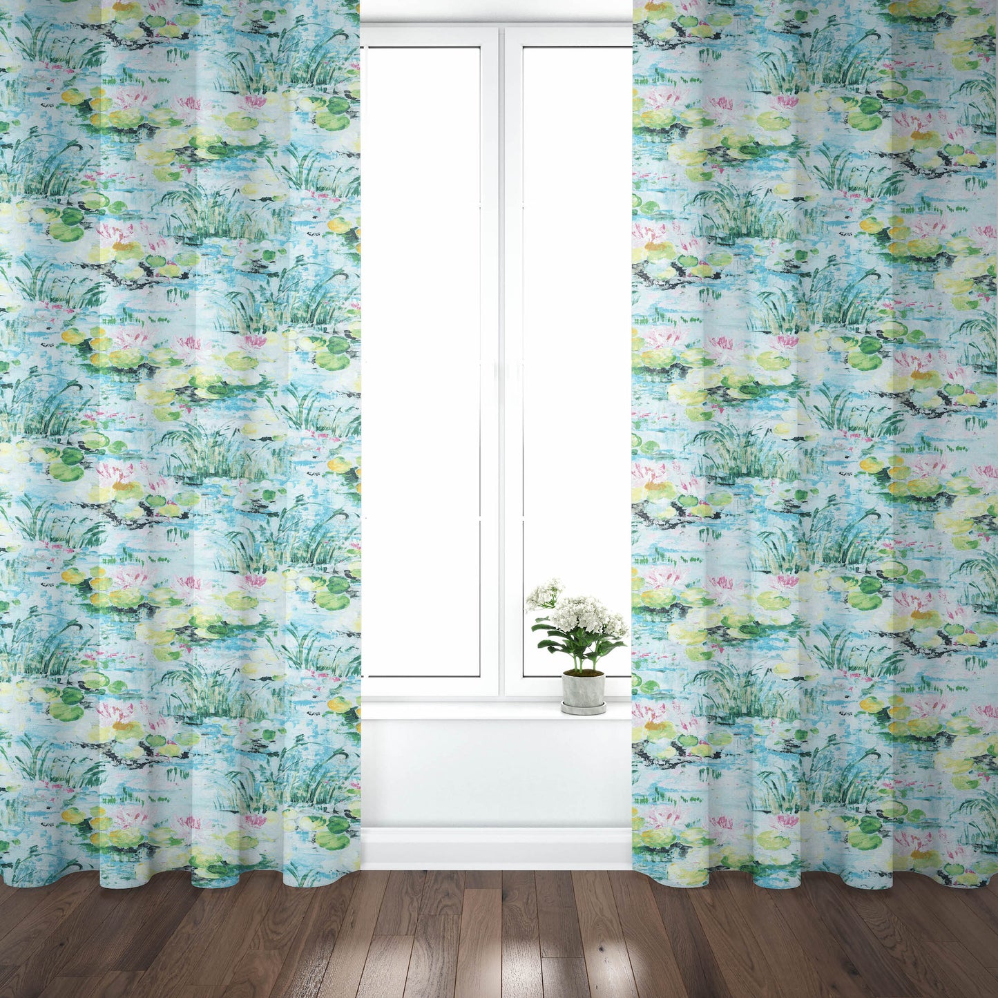 Pinch Pleated Curtain Panels Pair in Monet Dream Blue Water Lilies