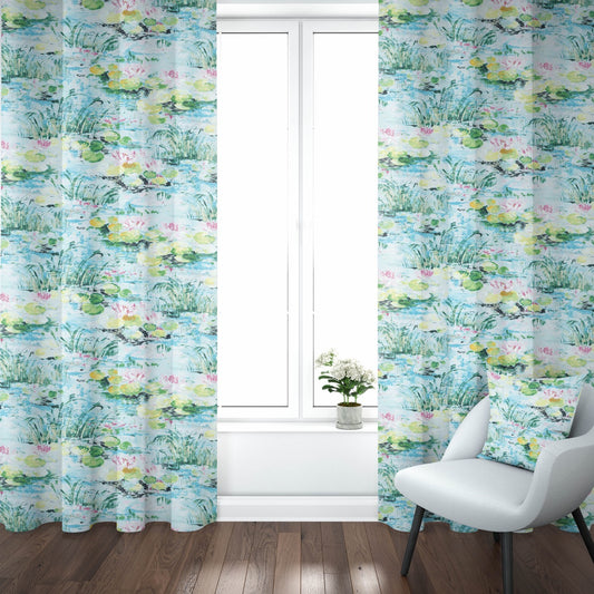 Rod Pocket Curtain Panels Pair in Monet Dream Blue Water Lilies