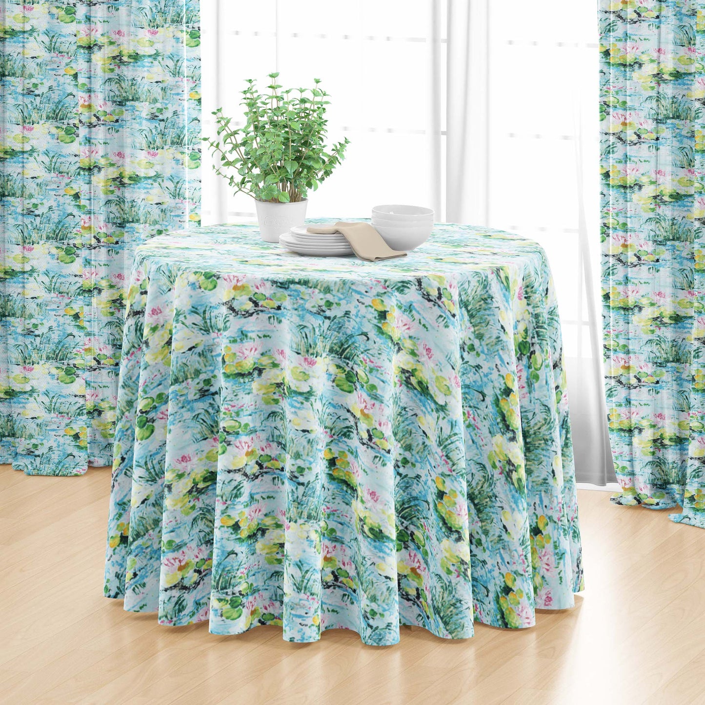 Round Tablecloth in Monet Dream Blue Water Lilies