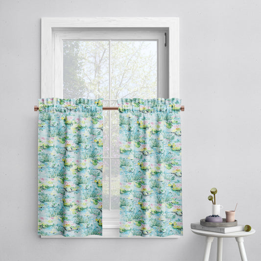 Tailored Tier Cafe Curtain Panels Pair in Monet Dream Blue Water Lilies