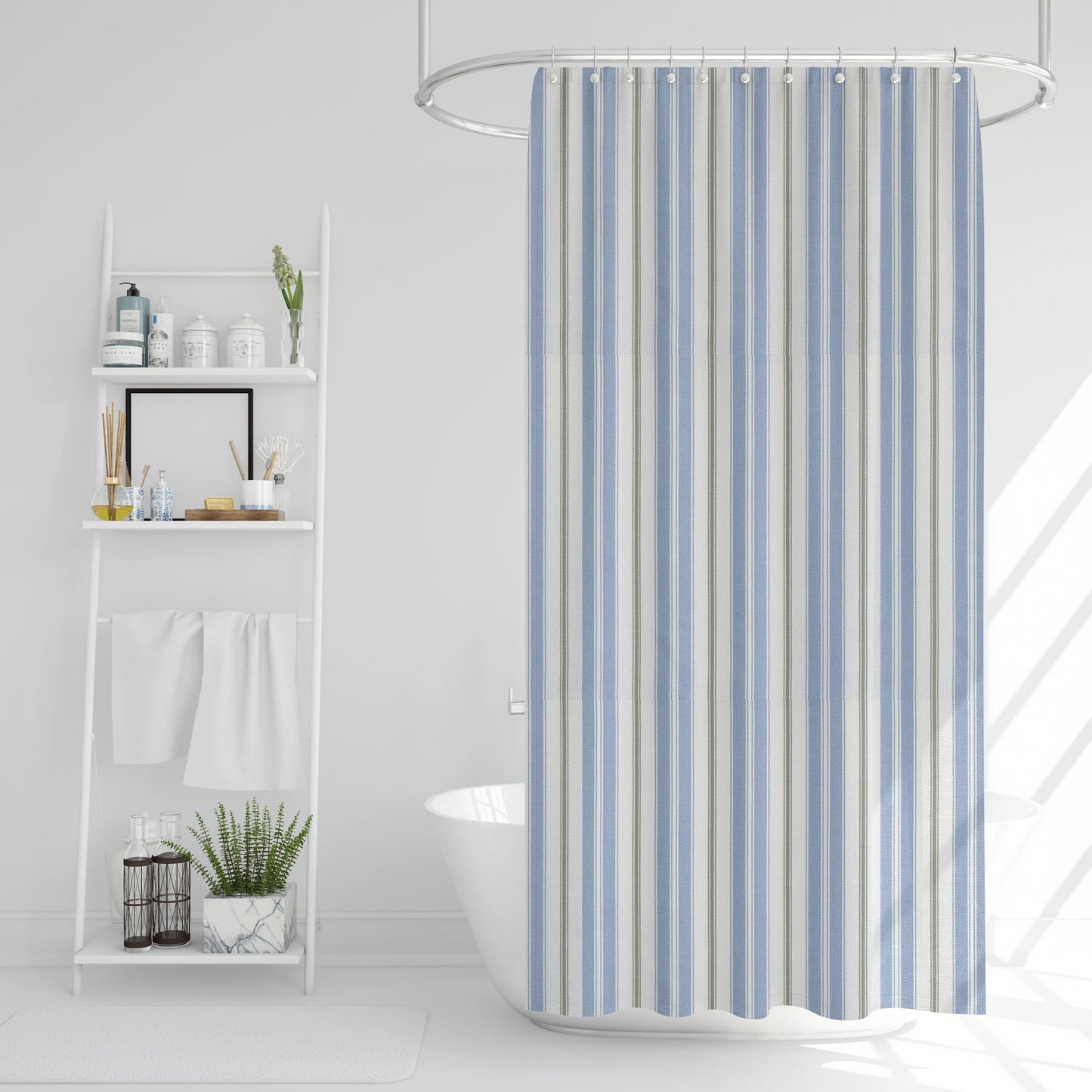 Stall (Narrow) Shower Curtain in Newbury Antique Blue Stripe- Blue, Green, White