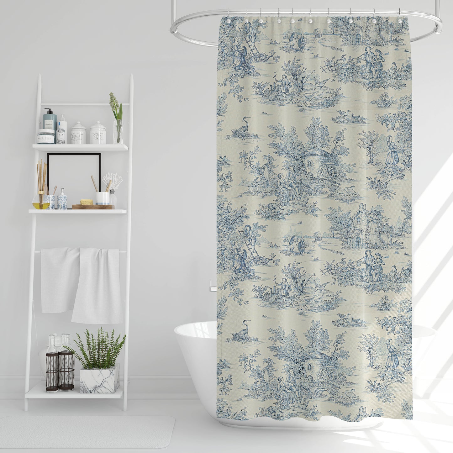 Shower Curtain in Pastorale #2 Blue on Cream French Country Toile