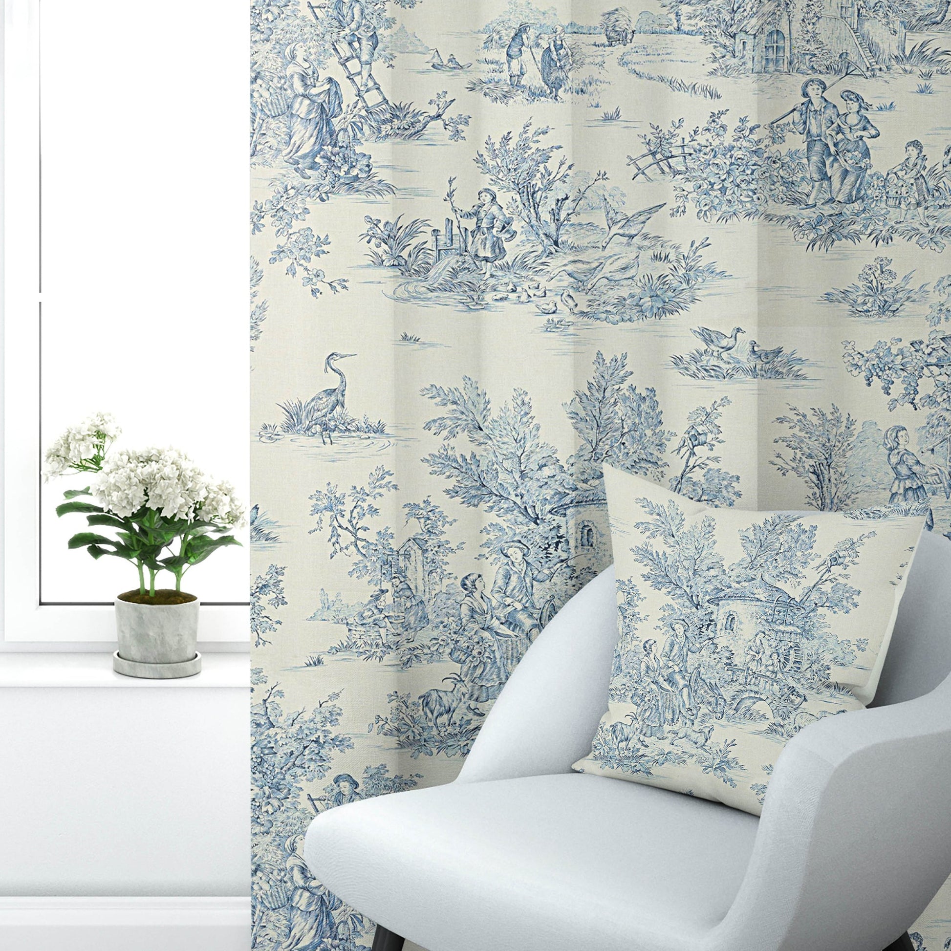 Back Tab Curtain Panels Pair in Pastorale #2 Blue on Cream French Country Toile