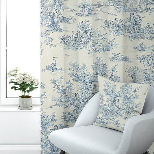 Back Tab Curtain Panels Pair in Pastorale #2 Blue on Cream French Country Toile