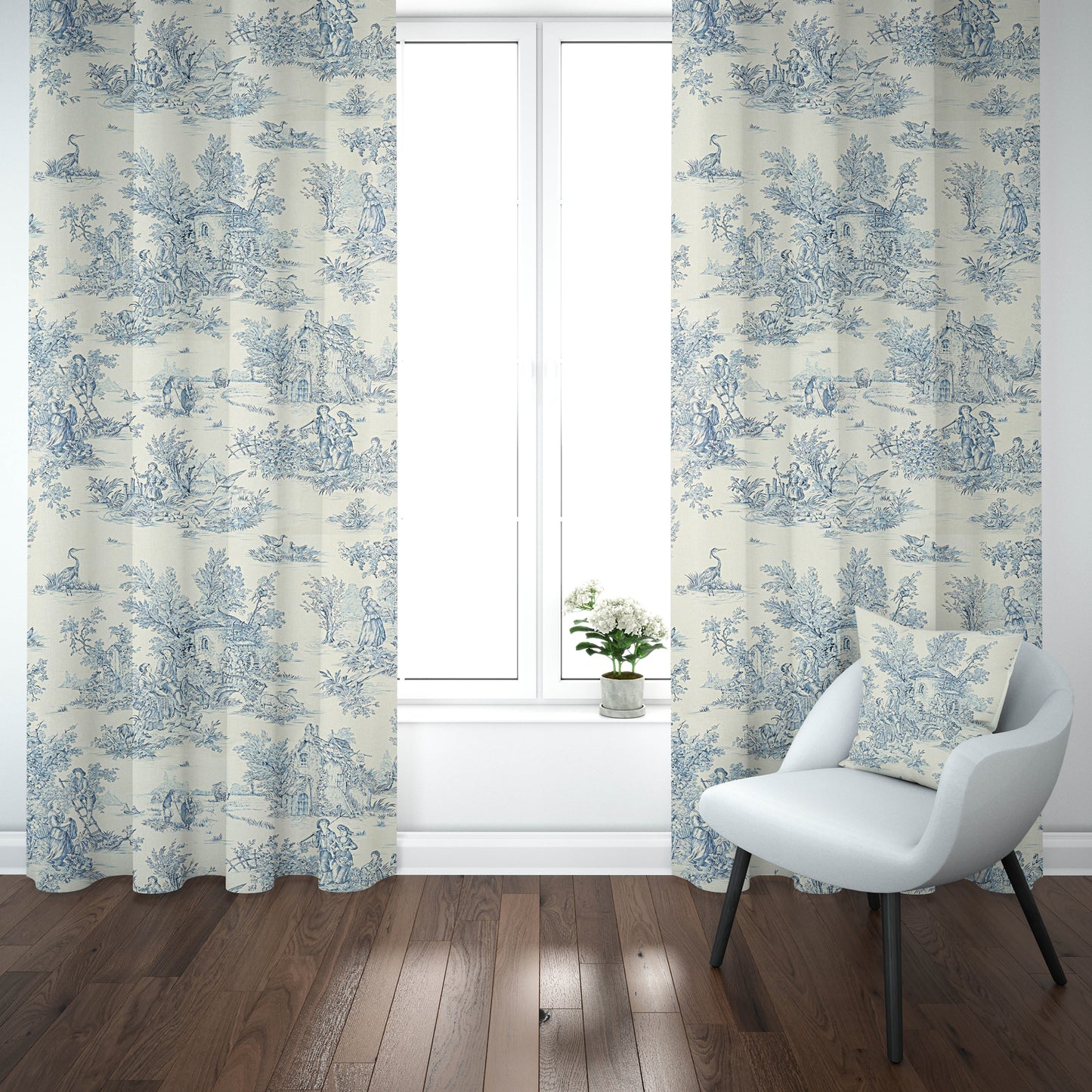 Tab Top Curtain Panels Pair in Pastorale #2 Blue on Cream French Country Toile