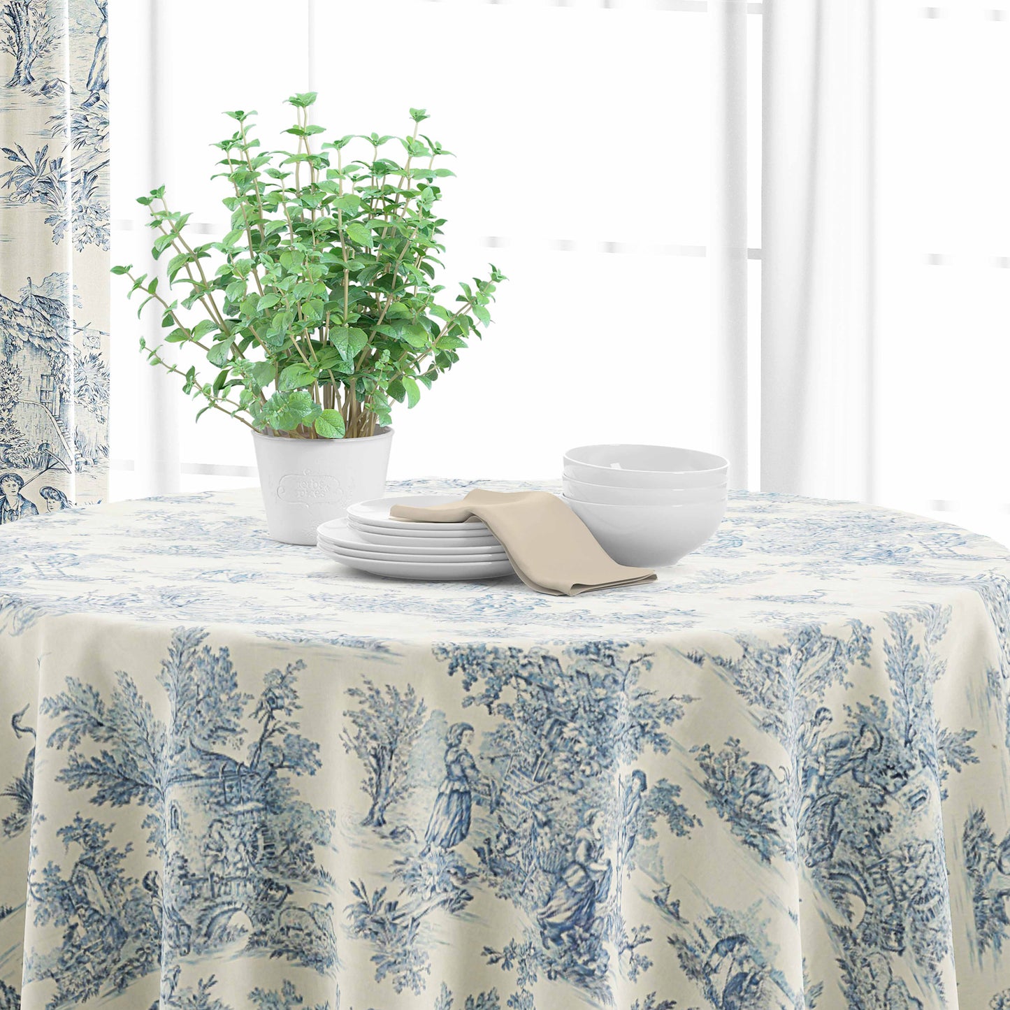 Round Tablecloth in Pastorale #2 Blue on Cream French Country Toile
