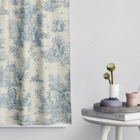 Tailored Tier Cafe Curtain Panels Pair in Pastorale #2 Blue on Cream French Country Toile